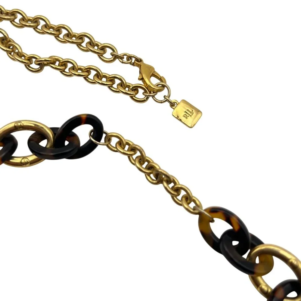 Ralph Lauren Gold Brown Tortoiseshell Link Chain Necklace Signed 32" Vintage - Picture 5 of 7